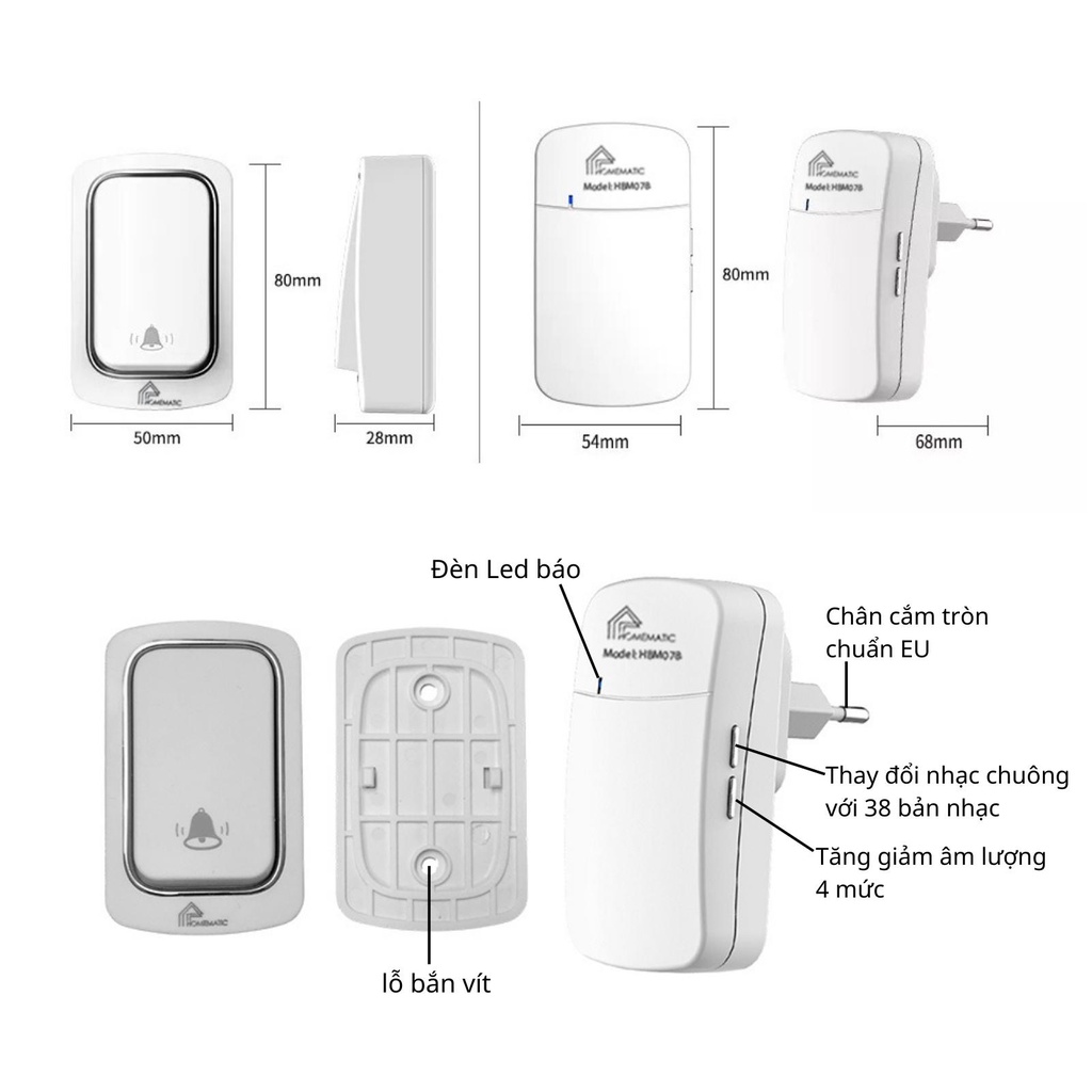 Chuông Cửa Không Dây Không Pin Thông Minh Chống Nước HBM078