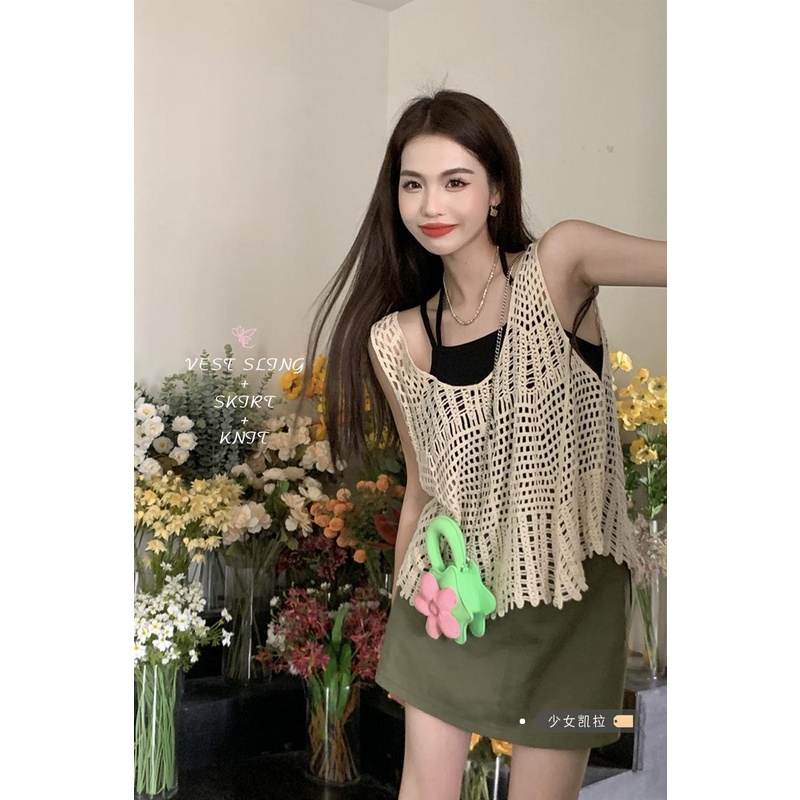 VN768 JinYi Áo hai dây nữ len đan móc phối đồ điệu đà vintage đáng yêu đi biển đi chơi đi du lịch hàng Quảng Châu