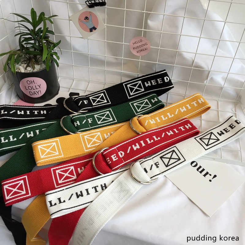 Thắt Lưng Vải Canvas Khóa Đôi In Chữ Tiếng Anh Màu Sắc Dễ Thương