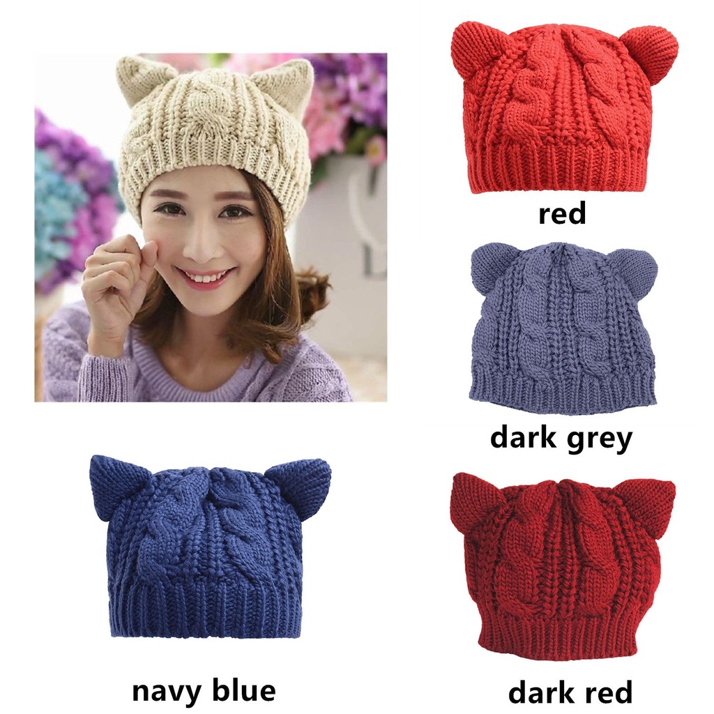 Mũ beanie dệt kim co giãn màu trơn hình tai mèo dễ thương thời trang mùa đông cho nữ