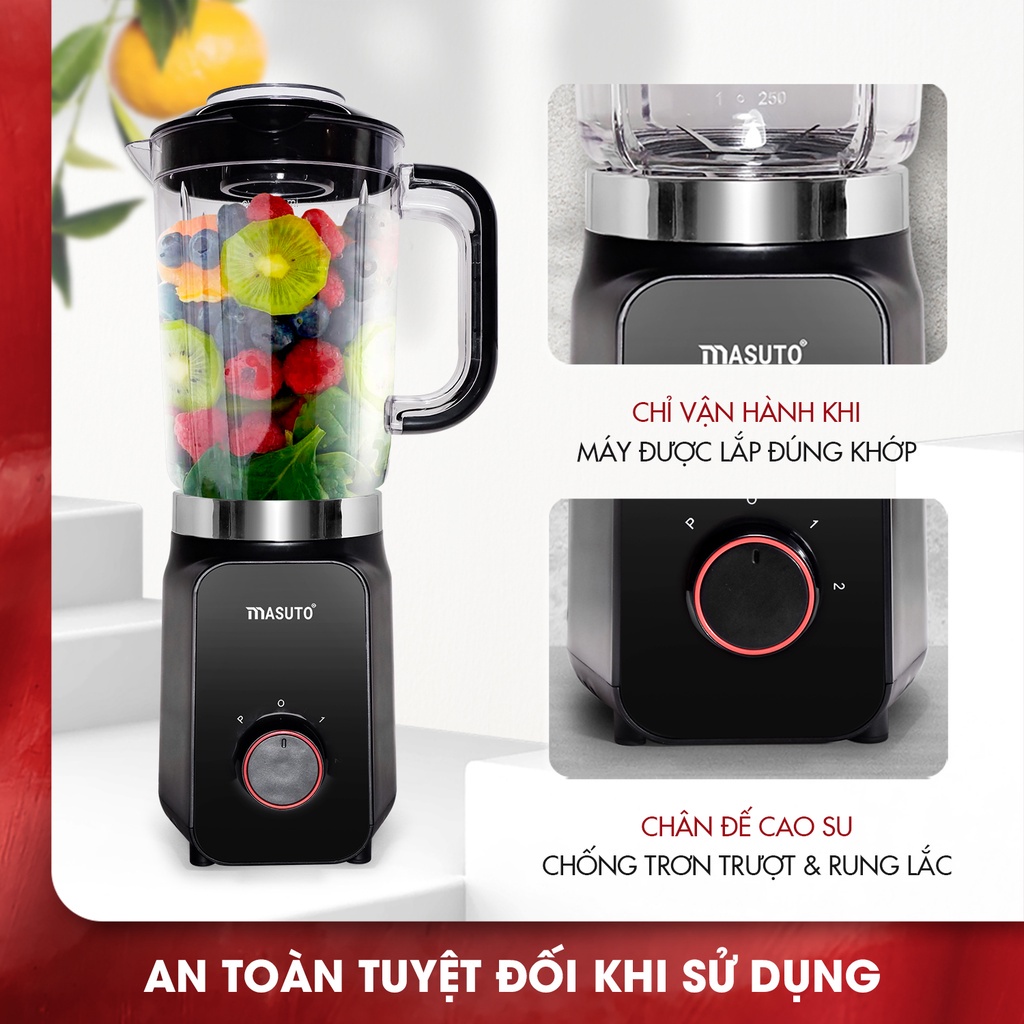 Máy xay sinh tố Masuto Blender MS-BL2C, có kèm theo cối vắt cam, hệ thống rơ-le tự ngắt khi quá nhiệt, nhựa cao cấp