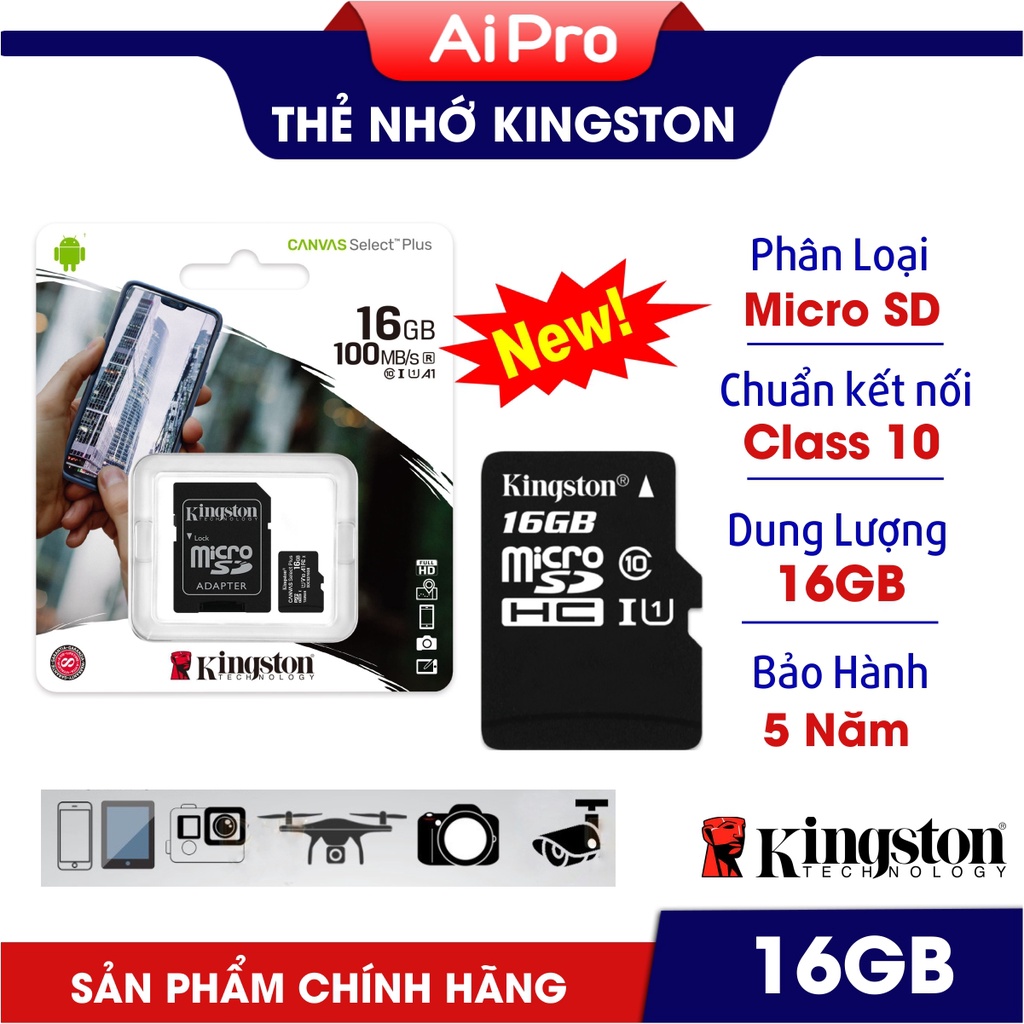 Thẻ Nhớ MicroSD Kingston 16GB - Thiết kế mới - Tăng tốc độ đọc ghi - Hàng nhập khẩu - Bảo Hành 5 năm