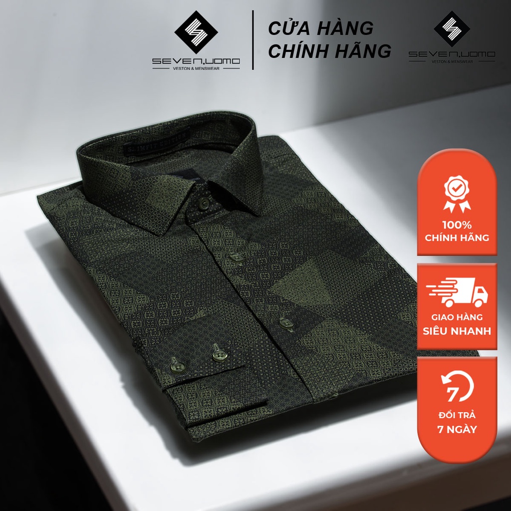 Áo Sơ Mi Nam Dài Tay SEVENUOMO Form Dáng Hàn Quốc, Không Nhăn, Vải Mịn Mát Form Vừa Họa Tiết Tam Giác Xanh Rêu HT29