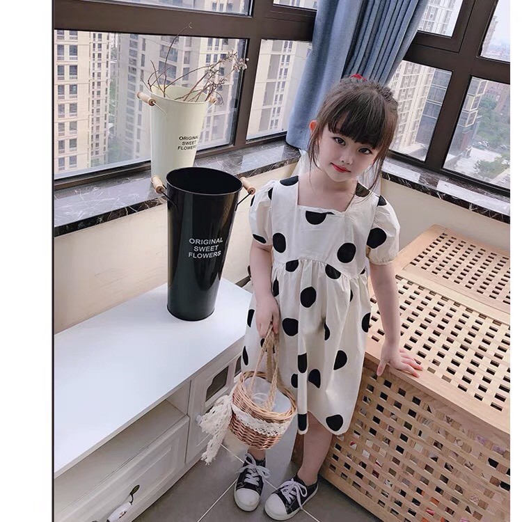 [MÃ MARU471 giảm 10k cho đơn 50k]Váy bé gái chấm bi cổ vuông chất đũi cho bé 8-18kg