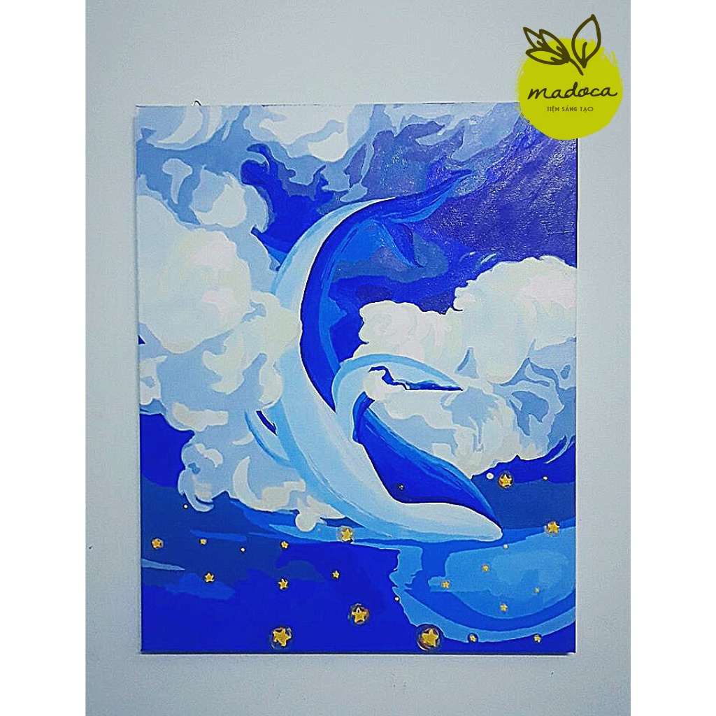 Tranh tô màu số hóa Madoca có khung 40x50cm Cá heo trong mây T341