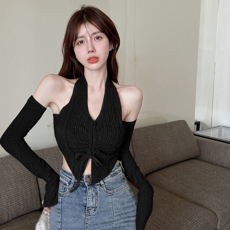 Áo kiểu dây choàng cổ rút dây ngực + tay phối