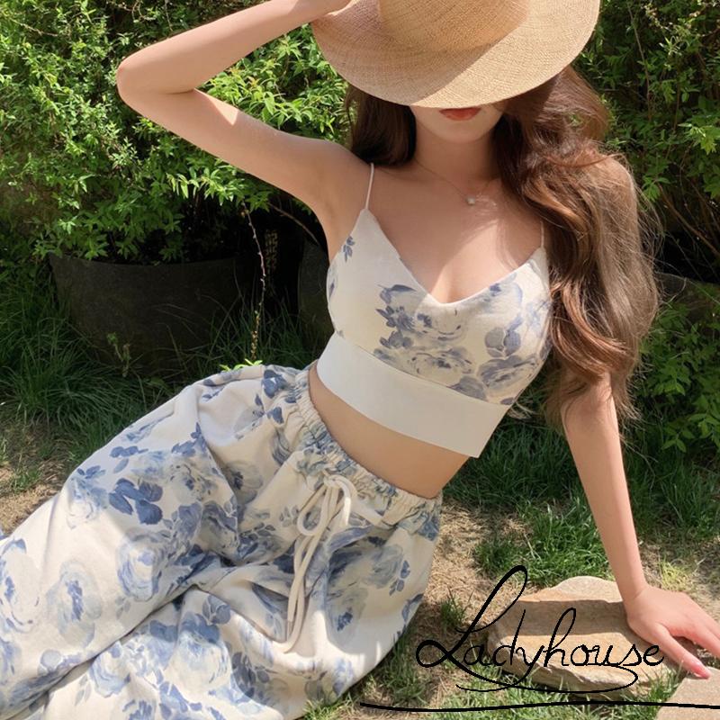 Bộ Trang Phục 2 Mảnh Gồm Áo Hai Dây Cổ Chữ V In Họa Tiết Hoa Và Quần Dài Lưng Thun Dành Cho Nữ
