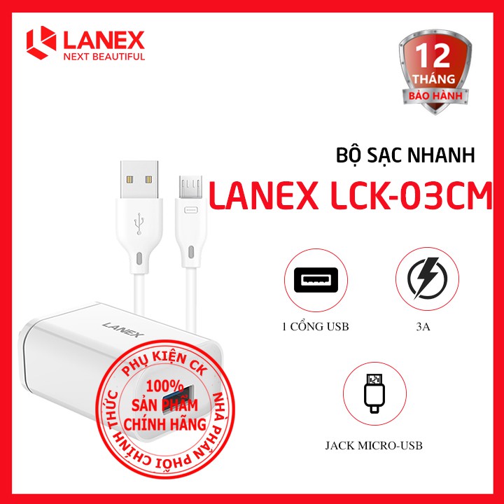 QC 3.0] Bộ sạc nhanh Micro USB 1 cổng USB 3.0A Lanex LCK-03CM dài 1m - Dành cho điện thoại Android