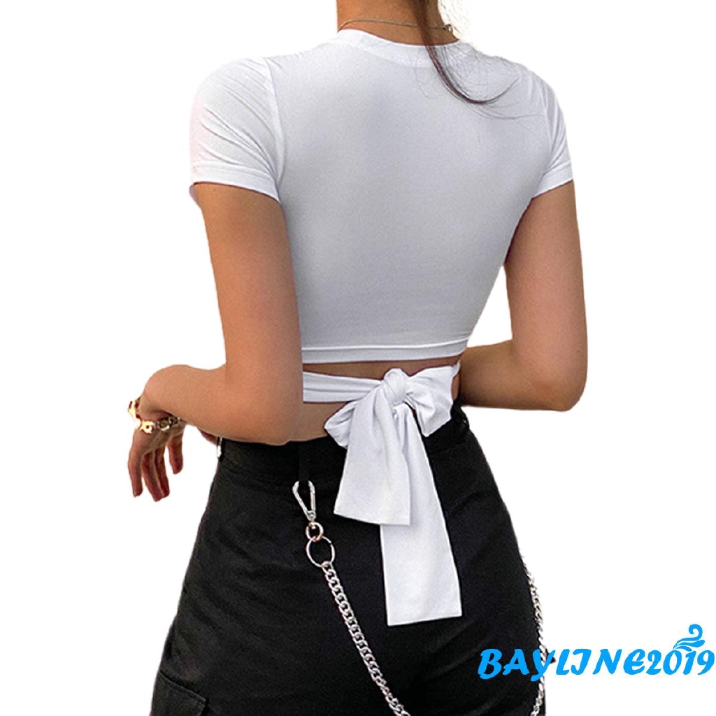 Áo Thun Thân Ngắn Cổ Tròn Hở Eo Màu Trơn Xinh Xắn Cho Phụ Nữ