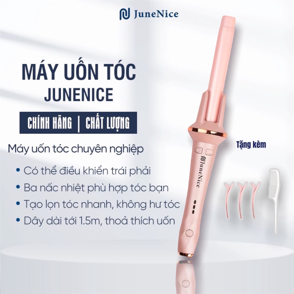 Máy uốn tóc tự động quay 360° June Nice màu Hồng, Lõi gốm bảo vệ tóc, điều chỉnh nhiệt theo màu sắc.