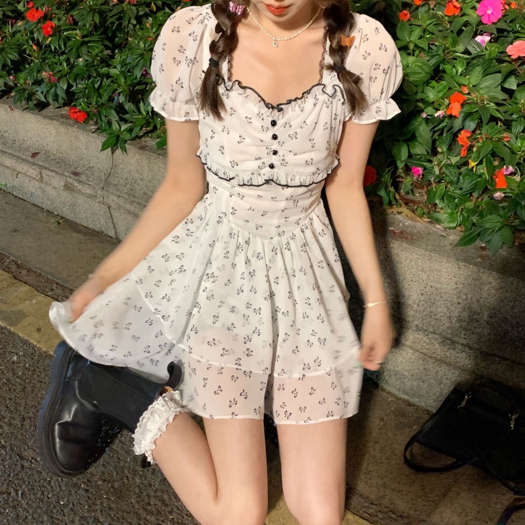 Váy Hoa Cổ Vuông Tay Phồng Thời Trang Hè Đầm Chữ A Đính Nơ Nữ