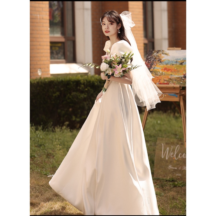 Đầm Cô Dâu Ngắn Tay Vải Satin Màu Trắng Thời Trang