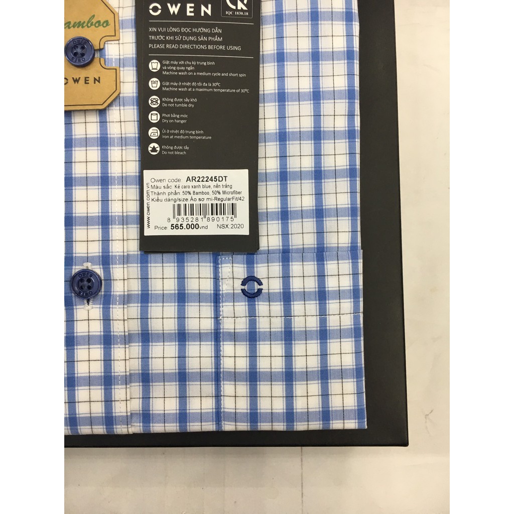 Áo Sơ Mi Nam Dài Tay Owen AR22245DT Somi Công Sở Cao Cấp Màu Trắng Caro Xanh Blue Chất Sợi Tre Mềm Mát Dáng Suông Có Túi