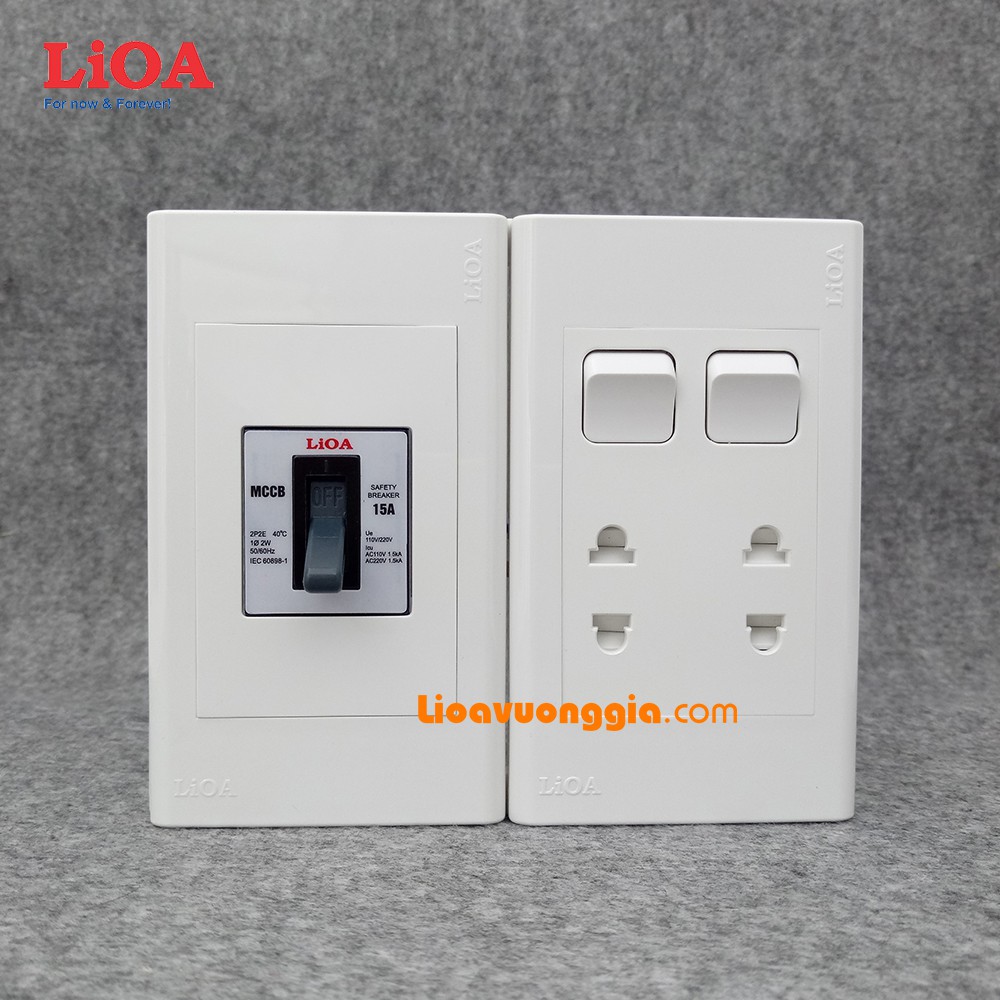 Combo ổ cắm điện đôi 2 chấu lắp nổi có cầu dao chống quá tải 15A + công tắc đèn
