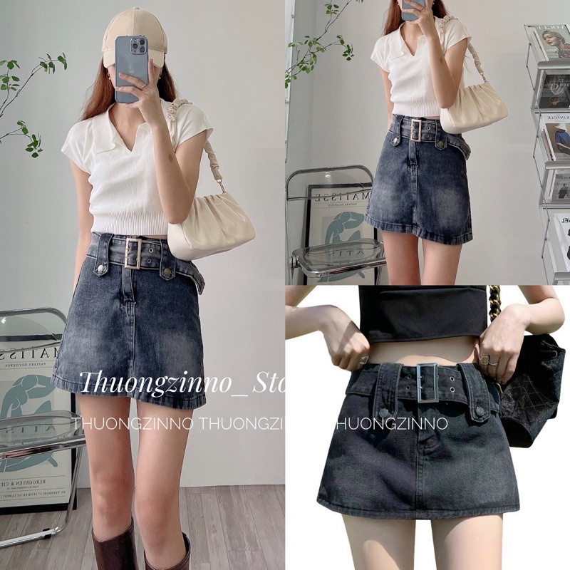 [Ảnh thật/Video] Chân váy jean kèm đai to Lưng Cao Form Ôm Kiểu Dáng Hợp Thời Trang Chân vây bò