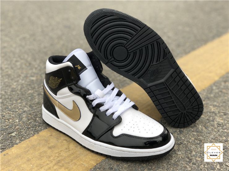 (FREESHIP+FULLBOX) Giày thể thao Sneakers AIR JORDAN 1 Retro High Patent Black White Gold Đen bóng logo vàng