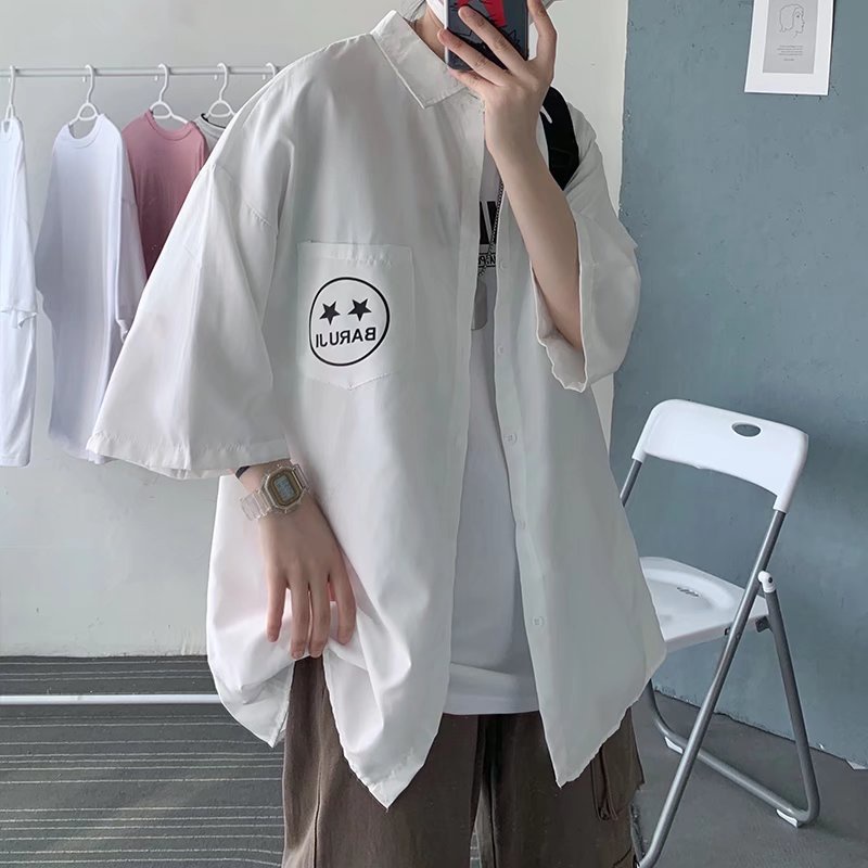 ✦ AFFLIGA ✦Áo Sơ Mi Tay Ngắn Dáng Rộng Thoáng Khí In Hình Mặt Cười 4 Màu Sắc Cho Nam