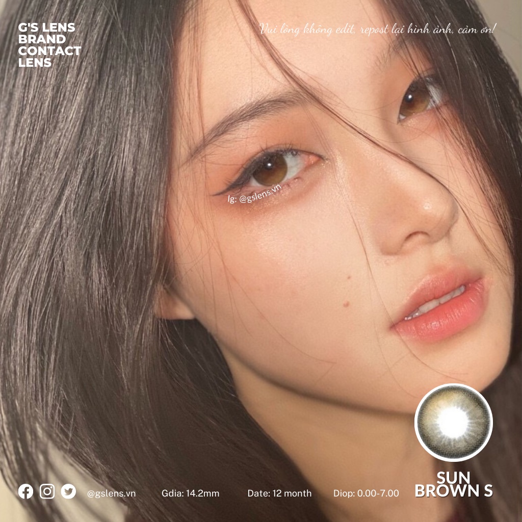 Lens Mắt Kính Áp Tròng Mặt Trời Sun Brown Giãn Ít Có Từ 0 Đến 7 Độ Lệch Độ Size S 14.2mm