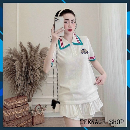 Áo len cộc tay cổ polo Hàn Quốc phối viền kẻ thêu hình