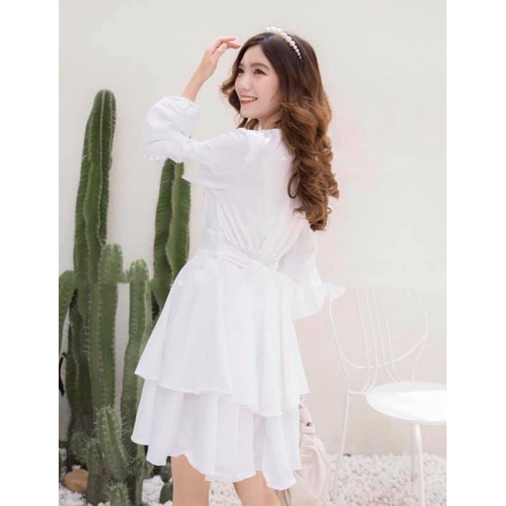 🔥Đầm trắng xòe eo xếp li tay dài ulzzang cực phẩm - Váy dự tiệc hàng thiết kế cao cấp