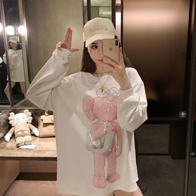 Áo thun ZHELIHANGFEI tay dài dáng rộng vải nhung in họa tiết dễ phối đồ