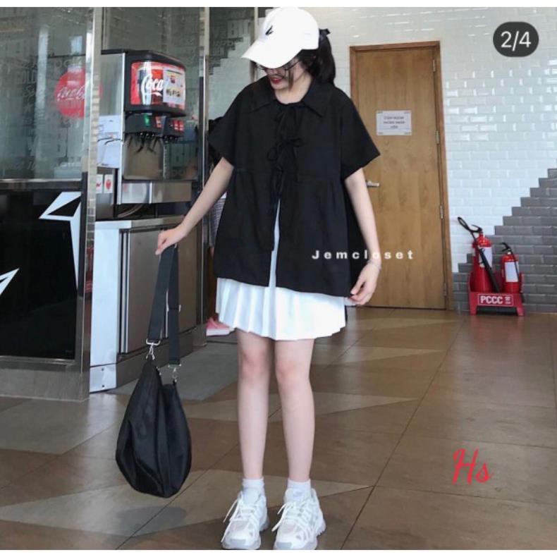freeship Áo Babydoll Nữ Buộc Dây , Áo Sơ Mi Nữ Cộc Tay Cổ Bẻ 2 Màu F002 | BigBuy360 - bigbuy360.vn