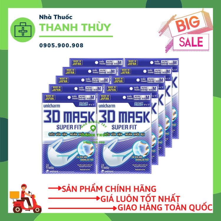 Khẩu Trang Ngăn Khói Bụi Unicharm 3D Mask Super Fit Size M Gói 5 Cái