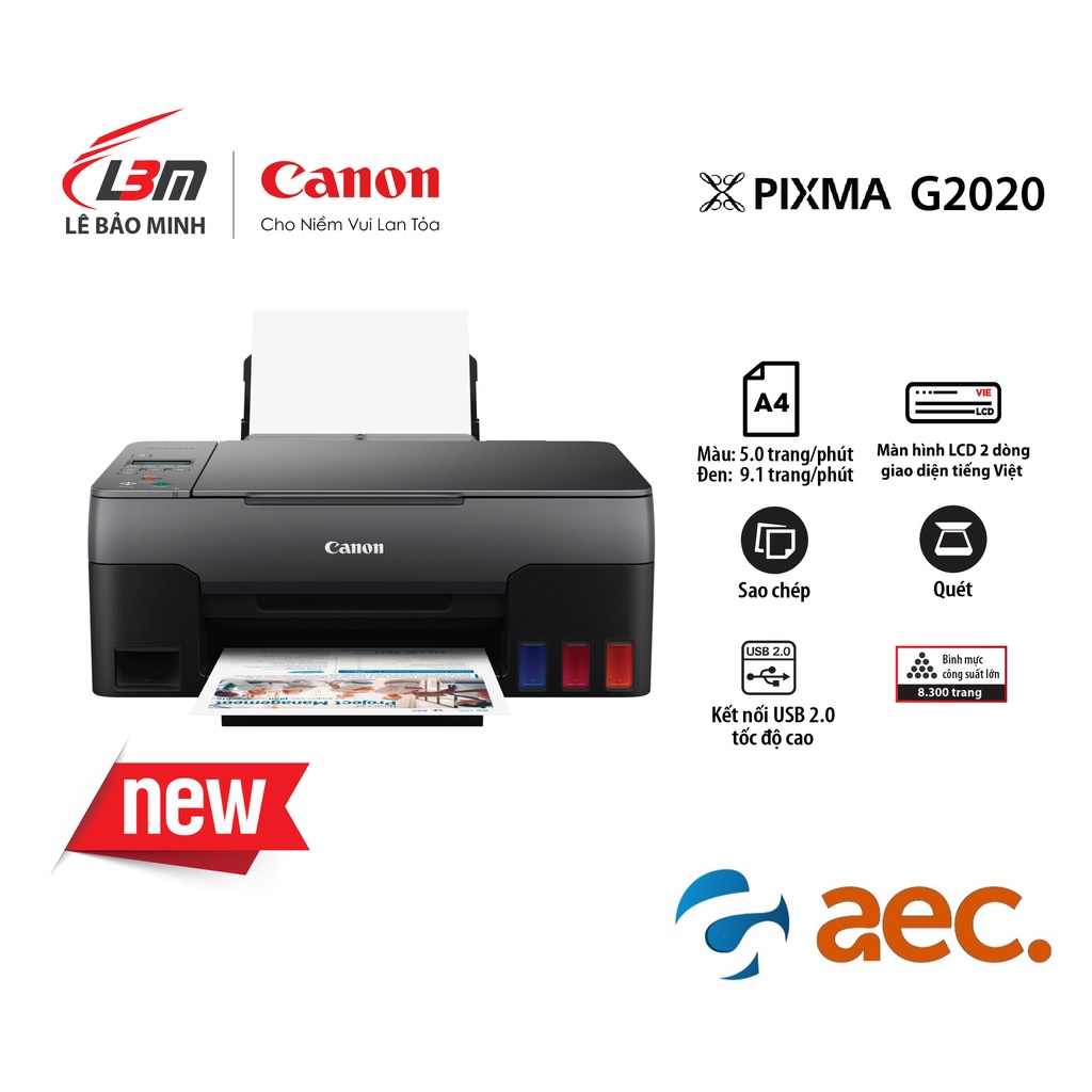 Máy in phun màu Canon G2020  đi kèm 4 bình mực Hàn Quốc  + Khuyến mại 2 tập giấy in ảnh