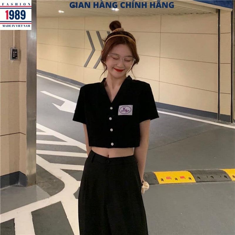 Áo thun croptop nữ cổ v in logo chất cottong mềm mịn ulzzang 5 mầu -PHƯƠNG VŨ 1989