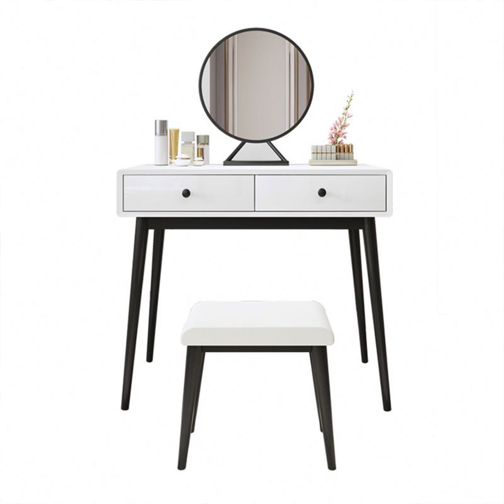 Bộ bàn trang điểm phòng ngủ 2 ngăn kéo IBIE Marta có gương tròn, mặt gỗ MDF sơn PU, chân sắt ống col sơn tĩnh điện