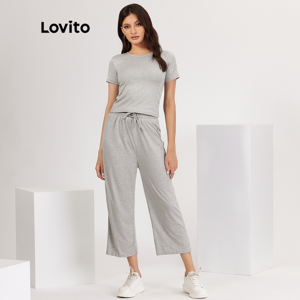 Set quần Lovito màu trơn lưng xếp nếp phối dây rút phong cách thường ngày L18X249 (Màu xám)