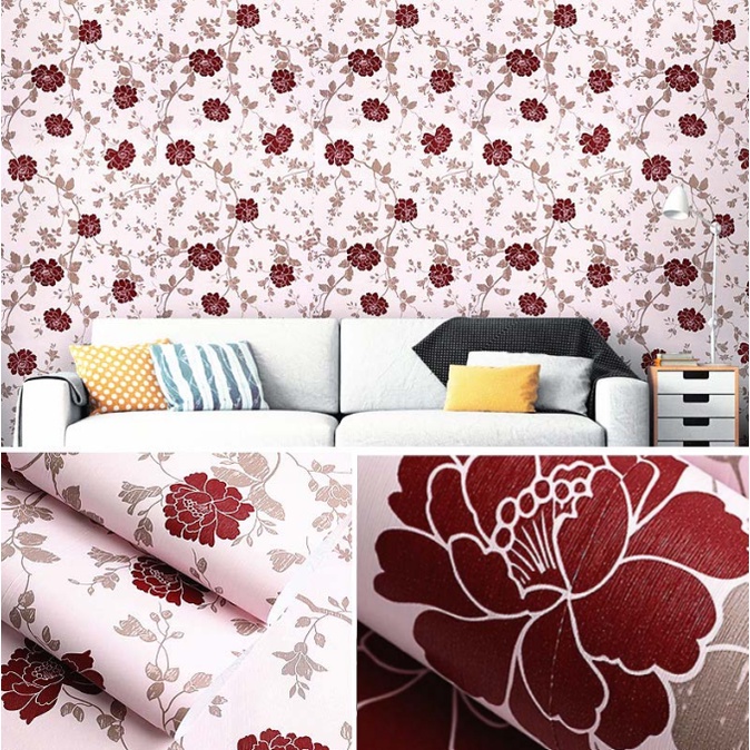 Giấy dán tường hoa cúc đỏ khổ rộng 0.45 keo sẵn bóc dán giá 1 mét dài