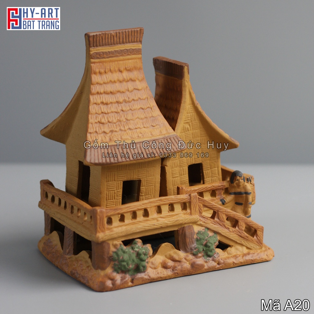 Tiểu cảnh hồ cá, bể cá cảnh, mô hình gốm nhà sàn 2 mái trang trí hòn non bộ chậu cây bonsai