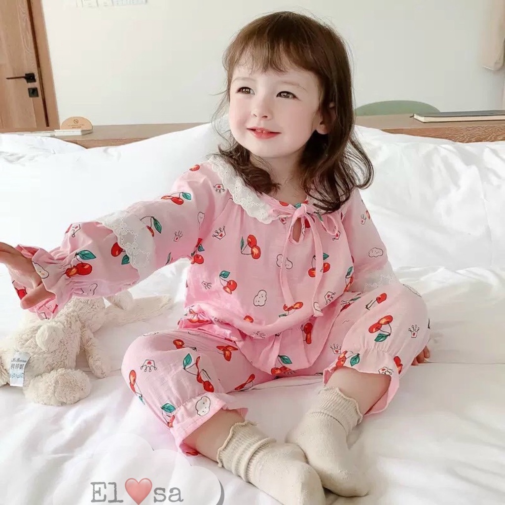 Bộ ngủ dài tay bộ pijama bánh bèo bé gái quả Cherry 2 mầu Hồng và Trắng XHN721