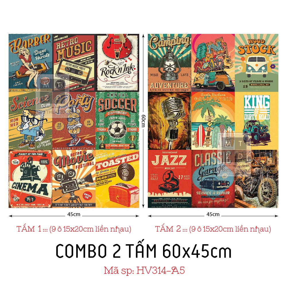 COMBO 2 TẤM DECAL TRANG TRÍ VINTAGE - RETRO, KT: 60x45cm x 2 tấm
