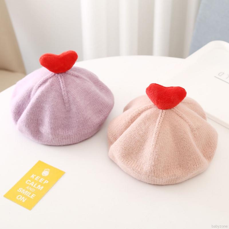 （hết hàng）Mũ Nồi Len Màu Trơn Đính Trái Tim Xinh Xắn Cho Bé