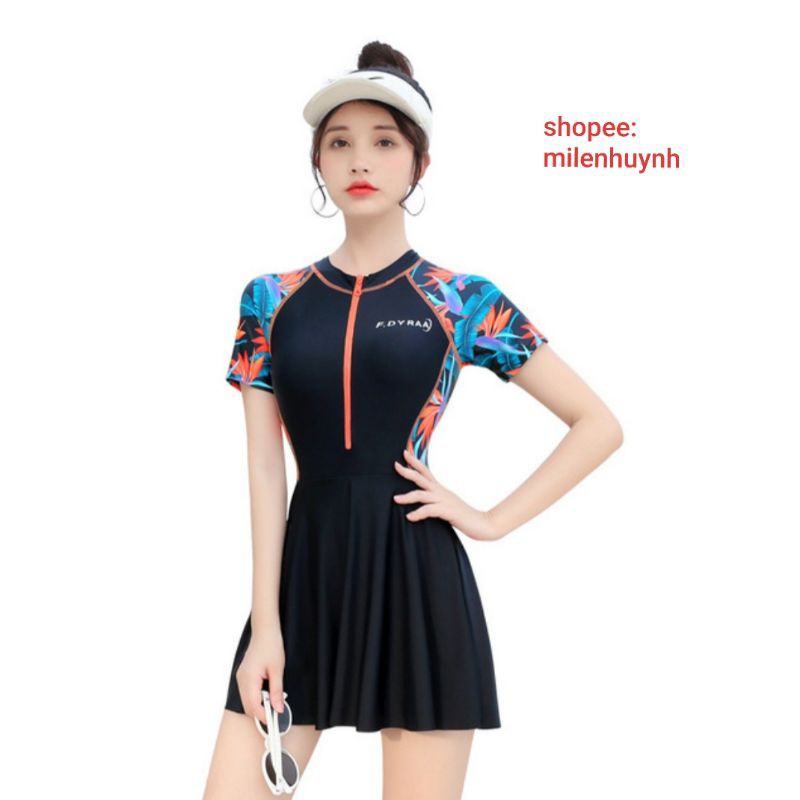 Đồ bơi kiểu váy cho nữ ngắn tay 40-70kg, có lót đùi và mút ngực mẫu dây kéo cam phối hoa | BigBuy360 - bigbuy360.vn
