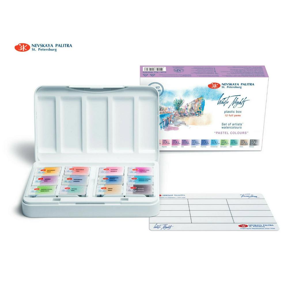 [DA ĐEN] Màu Nước White Nights Pastel 12 Màu Hộp Nhựa