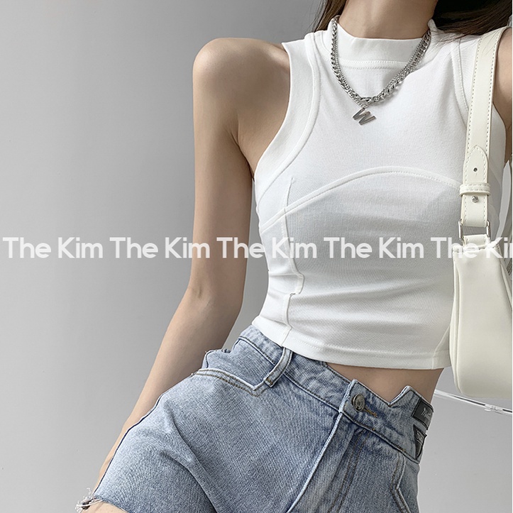 Áo ba lỗ cổ cao croptop , thun trơn sát nách viền bo nách cổ ôm body The Kim A123