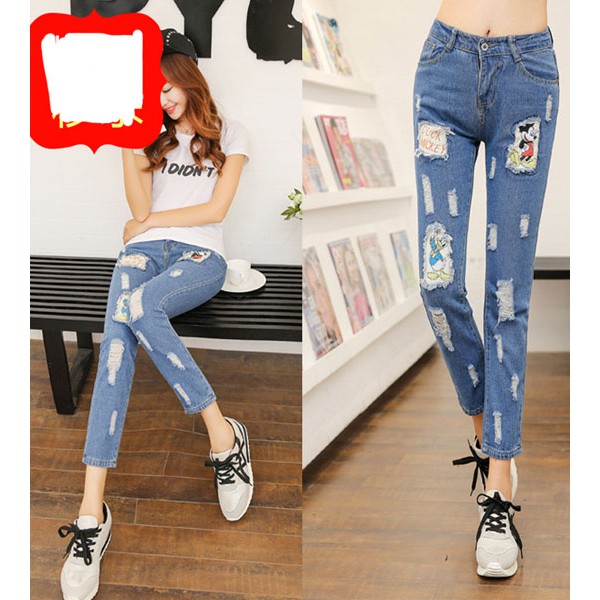 quần jeans nữ rách mickey