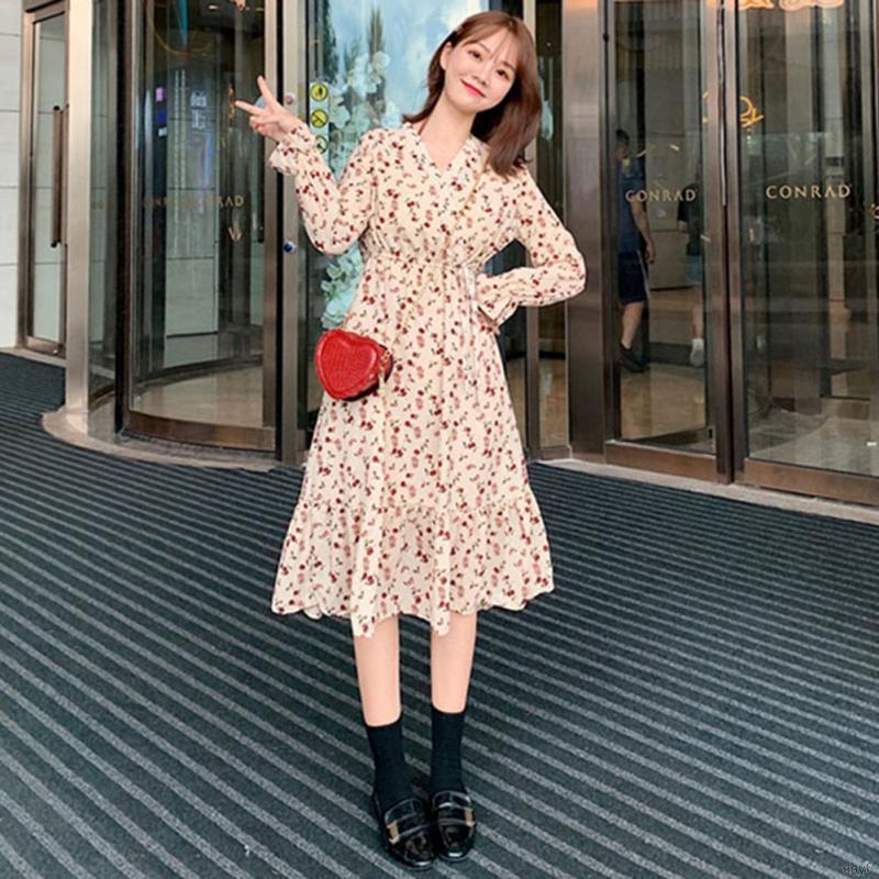 Đầm hoa nữ tay dài kiểu Hàn Quốc dịu dàng đáng yêu | BigBuy360 - bigbuy360.vn