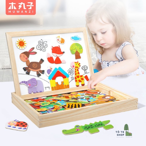 Xếp hình nam châm chủ đề thú rừng , lắp ráp trang phục thú rừng Forest Paraddise, bảng 2 mặt kèm phấn cà bút dạ MWZ-2015