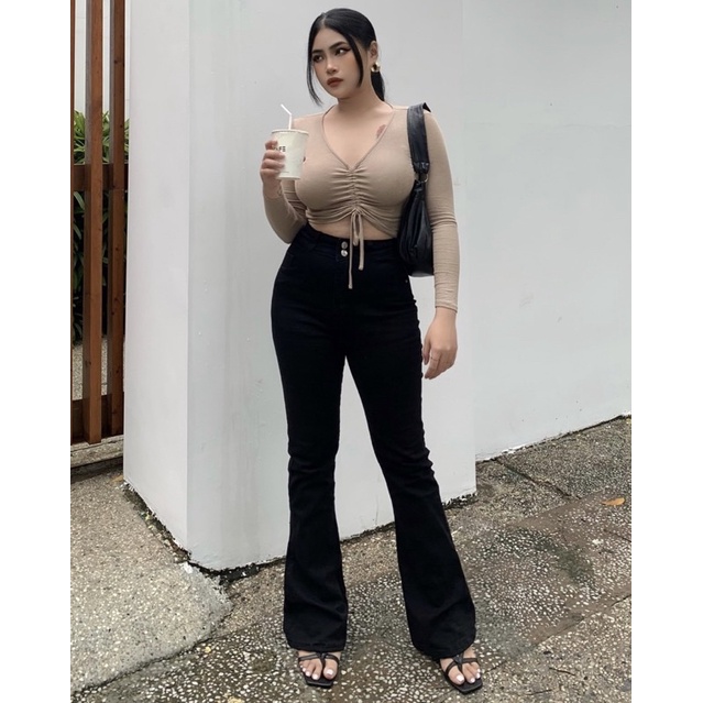 Quần Ống Loe, Quần Ống Loe Cạp Cao Bigsize Nữ (50 - 85Kg) Màu Đen Trơn, Co Giãn Tốt, Lưng Cao - HOANH BIGSIZE