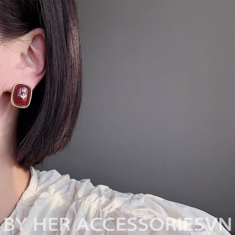 Hoa Tai Nữ Hoa Hồng Đỏ Phong Cách Cổ Điển Her Accessories | H11