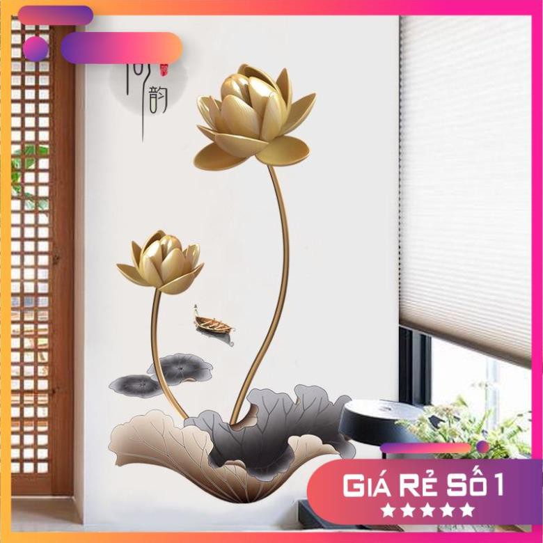 Tranh dán tường hoa sen vàng, Decal thư pháp chữ Hán,Tranh 3D trang trí phòng khách