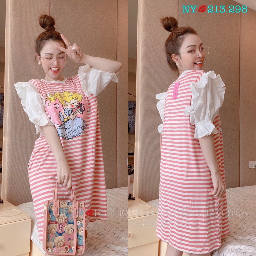 đầm gân sọc suông cổ tròn tay ngắn cánh tiên