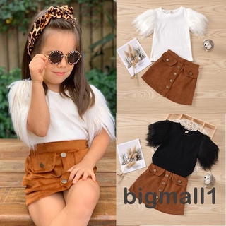 Set Đồ Thời Trang 2 Món Áo Cổ Tròn Tay Lông Vũ + Chân Váy Màu Nâu Cho Bé Gái