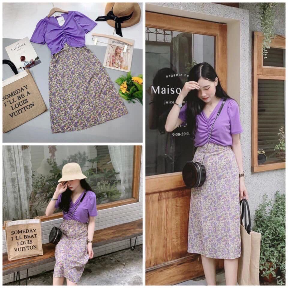 set chân váy hoa nhí kết hợp với áo thun tím