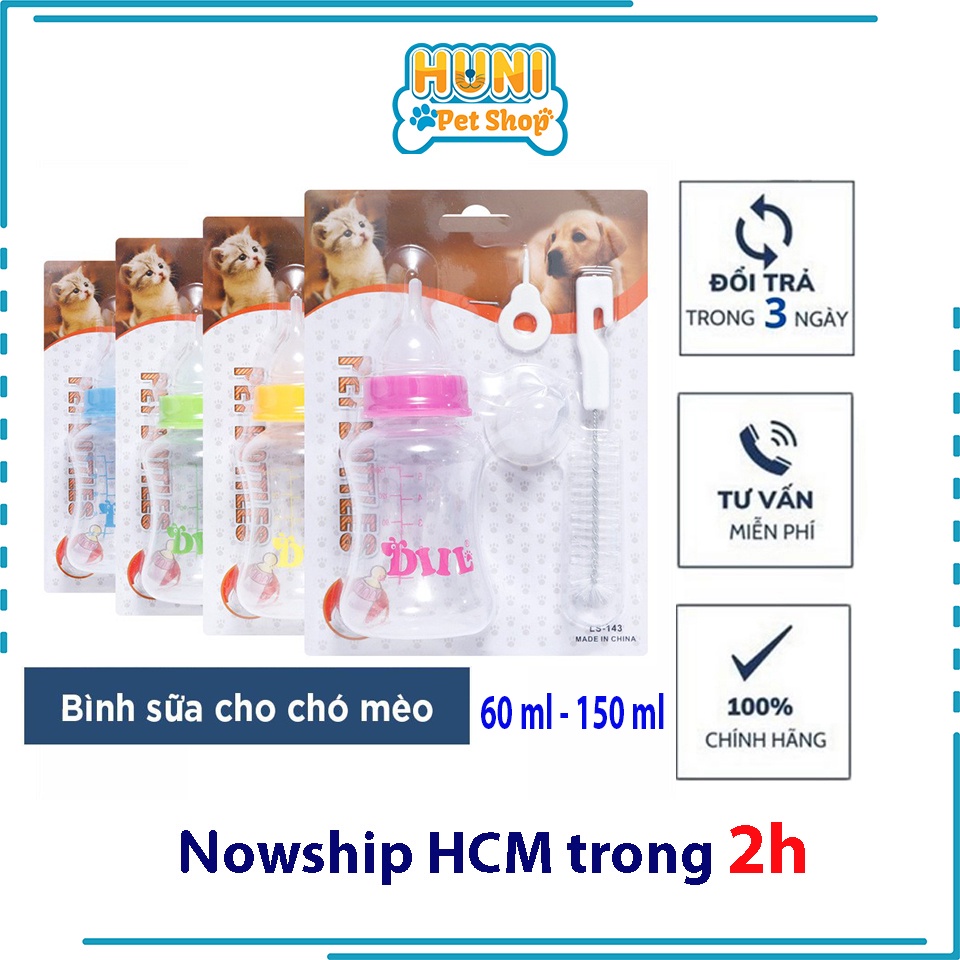 Bình sữa cho chó mèo con có kèm dụng cụ làm sạch bình uống sữa có vạch phân ml  60ml - 150ml -- Huni petshop