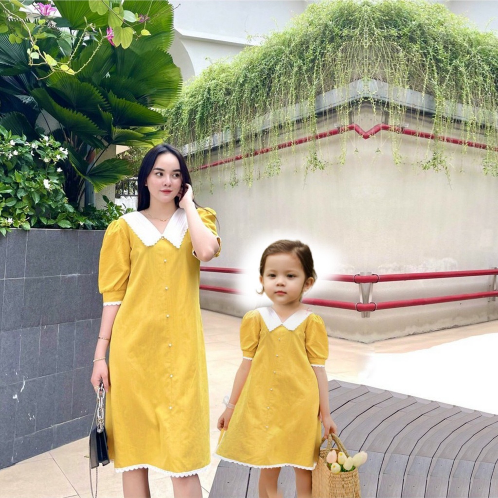 Váy đôi mẹ và bé gái suông cổ sơ mi đính hạt chất linen mát [ HÌNH SHOP TỰ CHỤP]